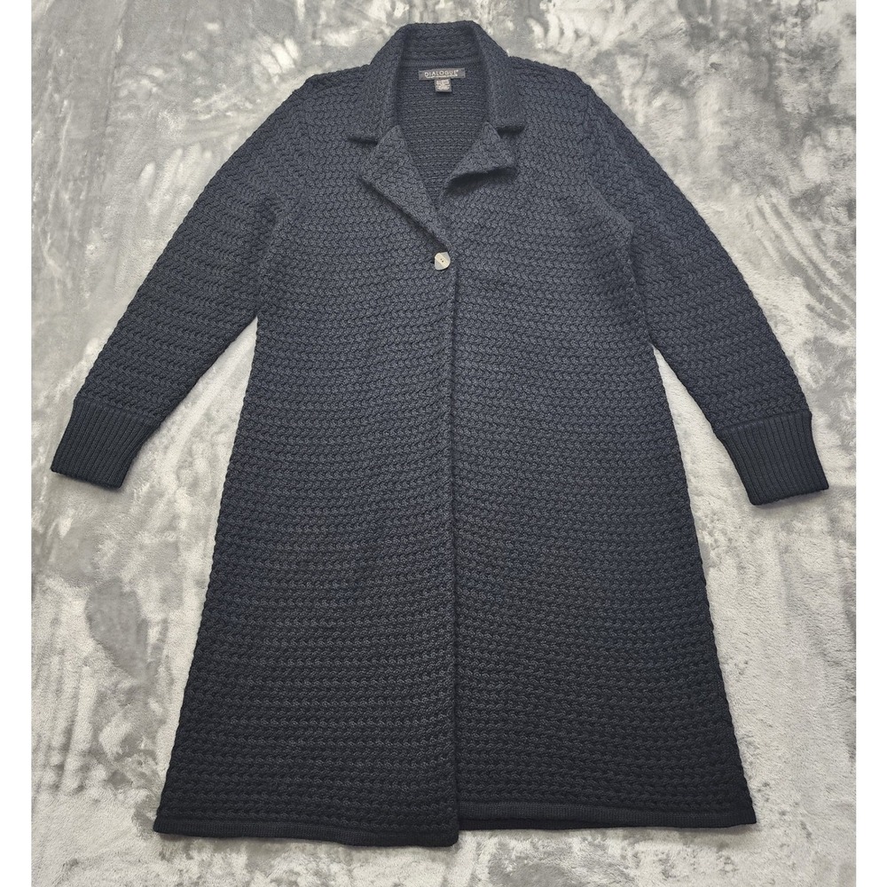 Vintage DIALOGUE Sweater Womens XL Black Merino Wool Single Button Cardigan Long
